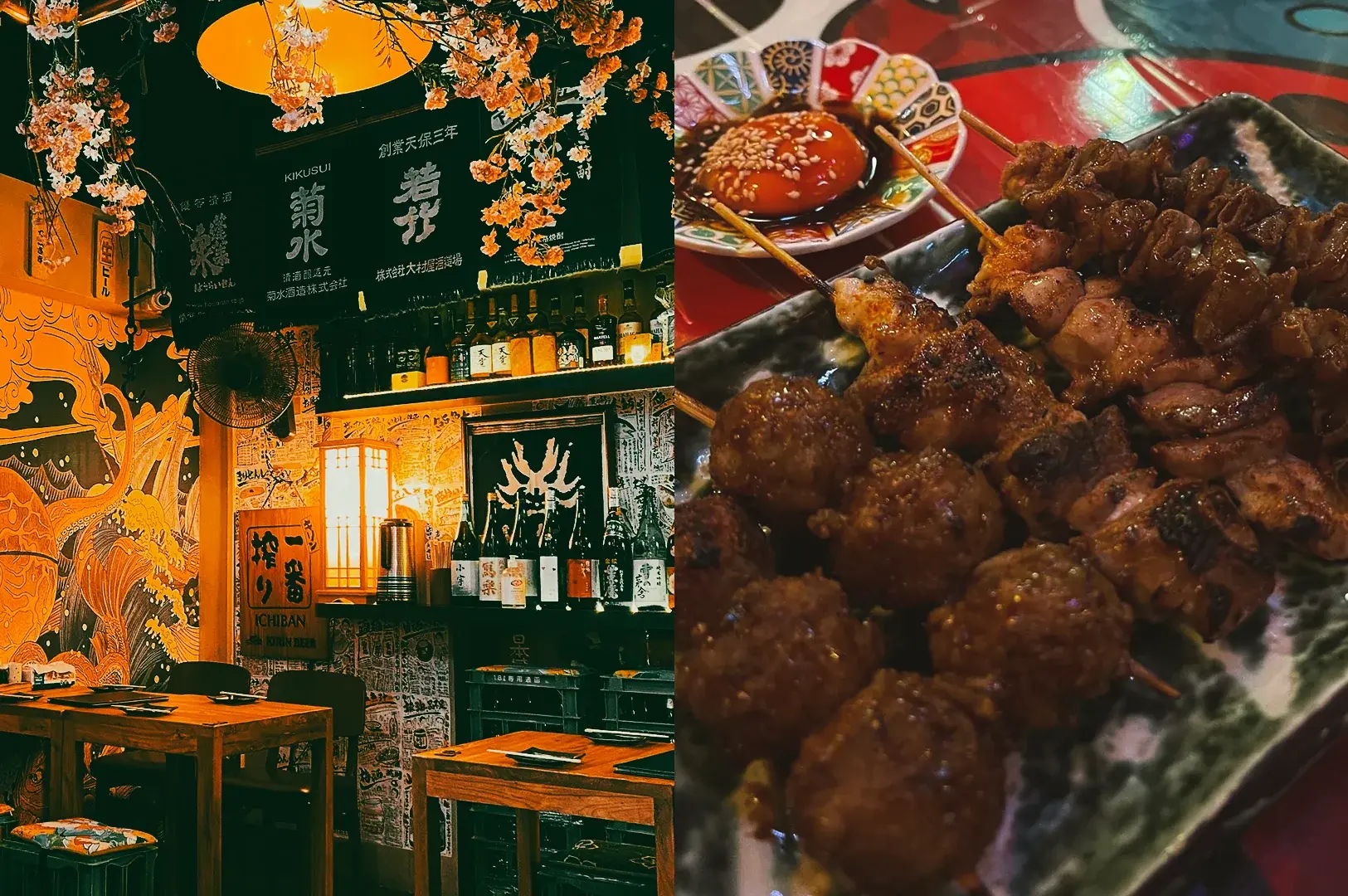 Left: Wide‑angle, eye‑level interior shot of a decorative izakaya dining space with wooden tables, wall murals, shelves of sake bottles, handwritten Japanese signs, and cherry blossom accents under warm ambient lighting. Right: Close‑up, eye‑level shot of grilled skewers arranged on a rectangular plate, with charred meat pieces and accompanying dipping sauce in a small patterned dish, emphasizing glaze and grill marks.