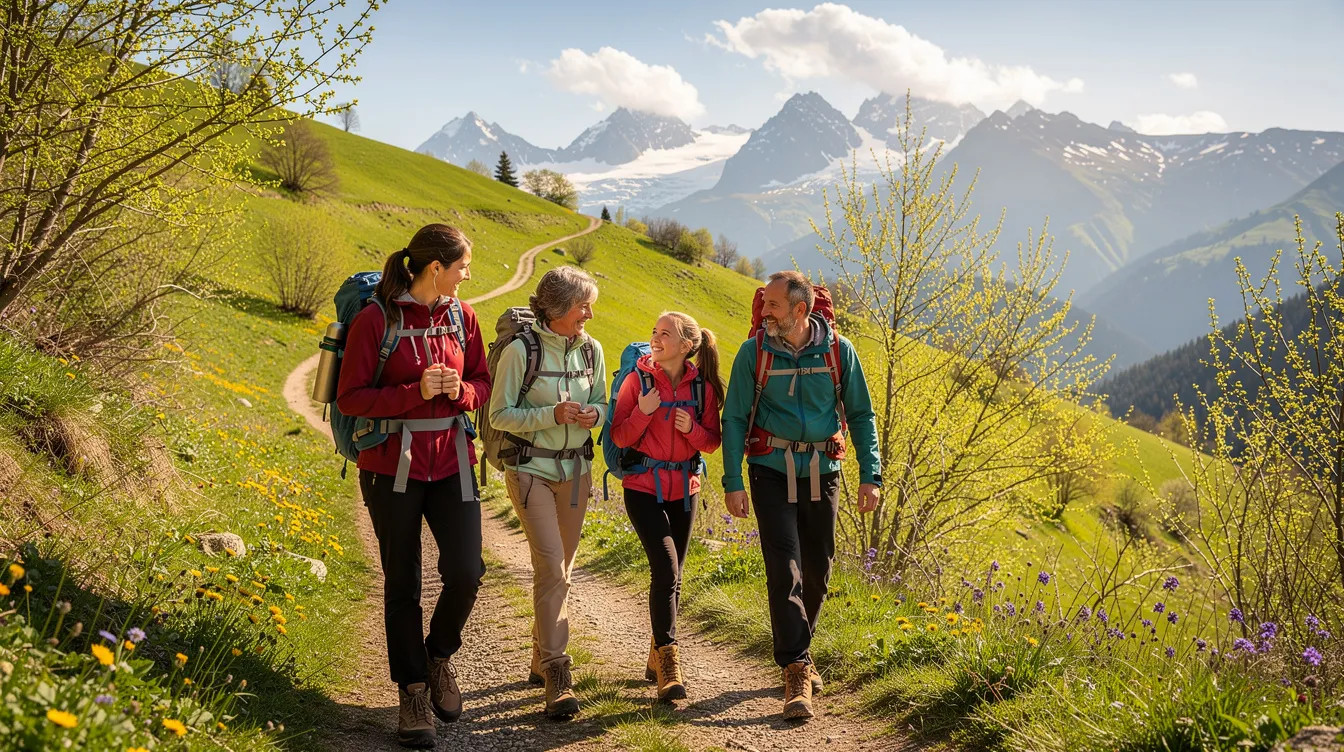 Na zdjęciu widać rodzinę z plecakami, idącą górskim szlakiem wiosną, otoczoną zielonymi drzewami i kwitnącymi łąkami. To idealny moment na krótki wypad w czasie długiego weekendu majowego, kiedy można spędzić czas wolny na świeżym powietrzu.