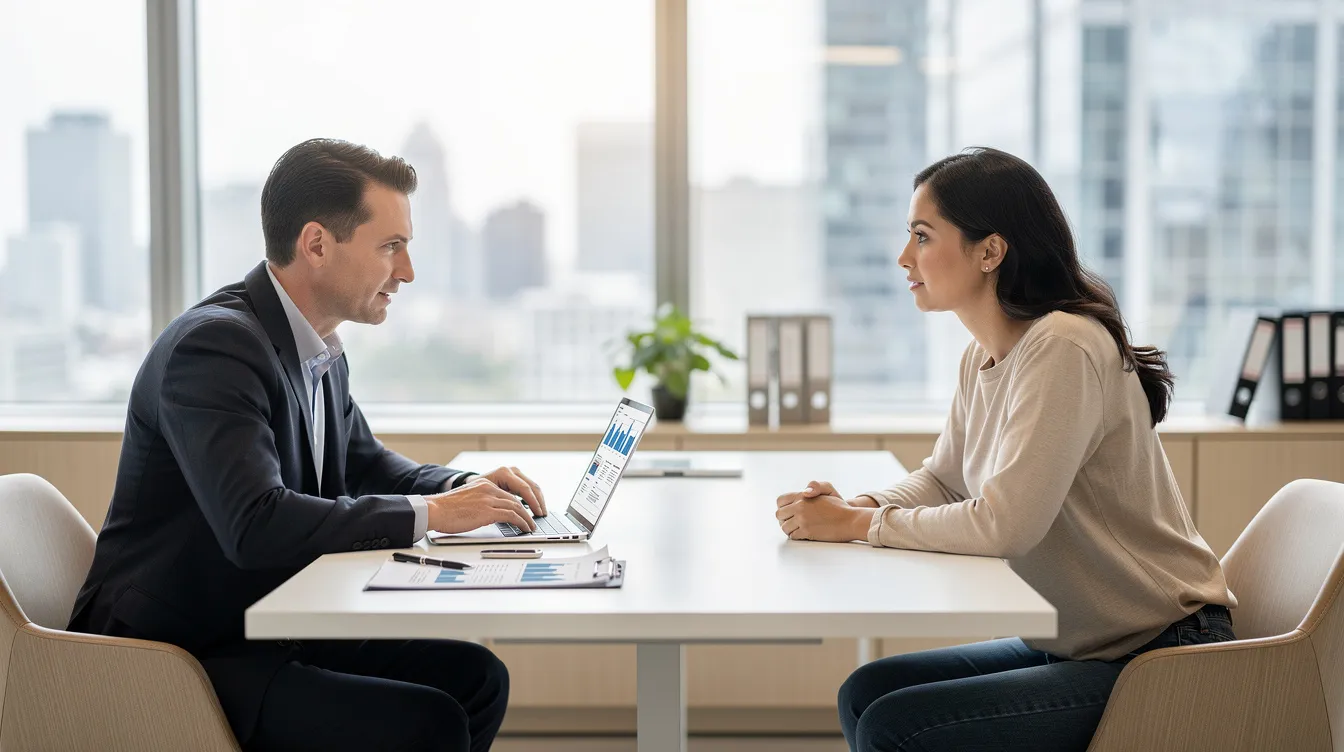 The image depicts a professional consultation meeting in a modern office, where a financial advisor is discussing various financial solutions with a client. The setting emphasizes a focus on topics such as loan applications, repayment plans, and credit ratings, reflecting the advisor's role in assisting the client with their financial situation.