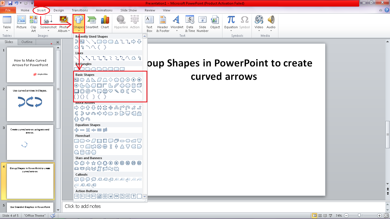 In the "Insert" tab, click "Shapes and select a from the basic shape section.