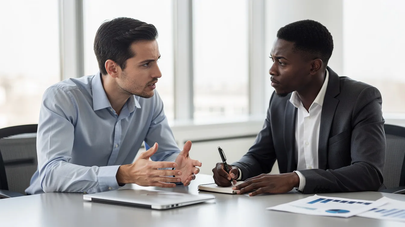 Deux professionnels sont engagés dans une conversation concentrée, l'un prenant des notes attentivement pendant que l'autre explique un point important lié aux techniques de vente. Cette interaction illustre l'importance de l'écoute active et de poser les bonnes questions pour comprendre les besoins des clients dans le processus de vente.