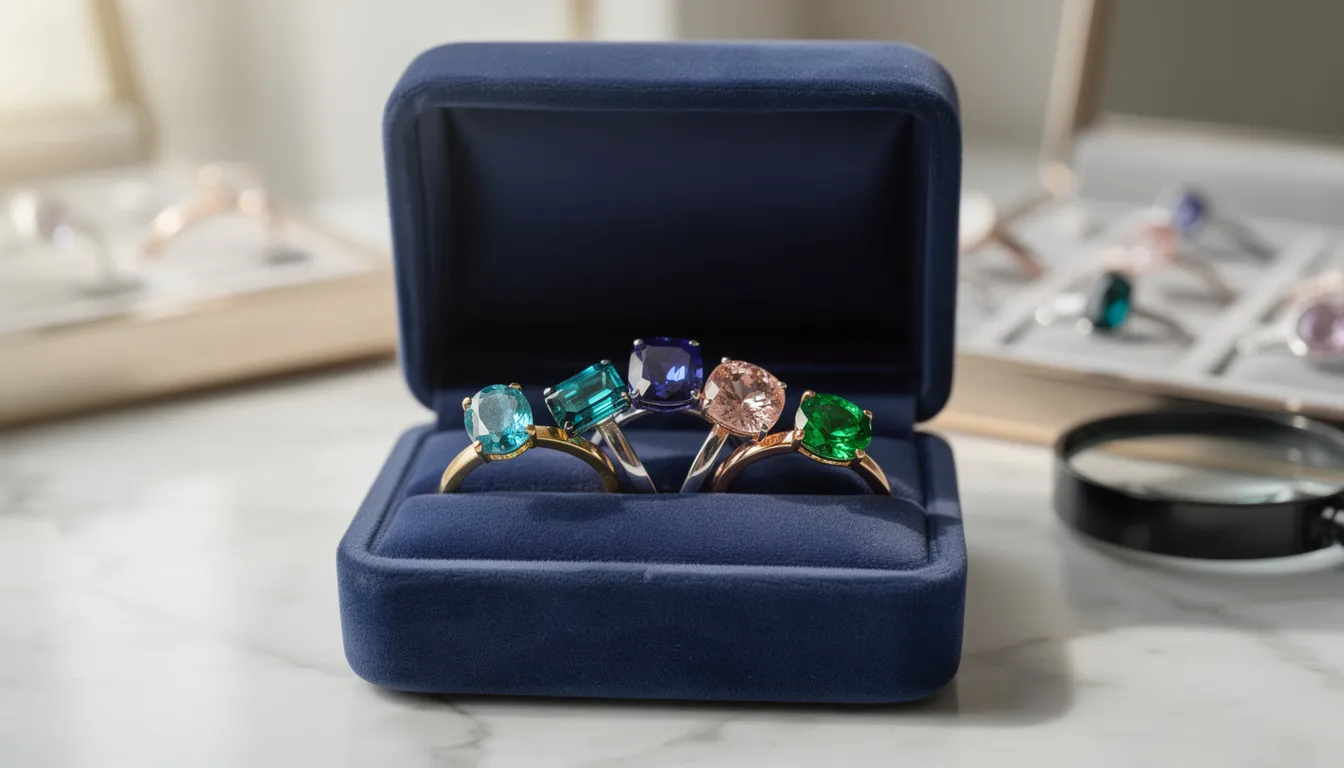 The image showcases a stunning collection of rare and trendy gemstones, including vibrant blue topaz, deep red ruby, and elegant emeralds, perfect for unique gemstone engagement rings. Set against a backdrop of luxurious metal colours like yellow gold and rose gold, these striking gems symbolize everlasting love and are increasingly popular choices for modern fine jewellery.