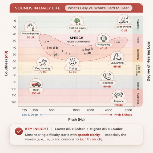 This image shows the various sounds at various DB and frequencies, and degree of hearing loss corresponding with the sounds lost