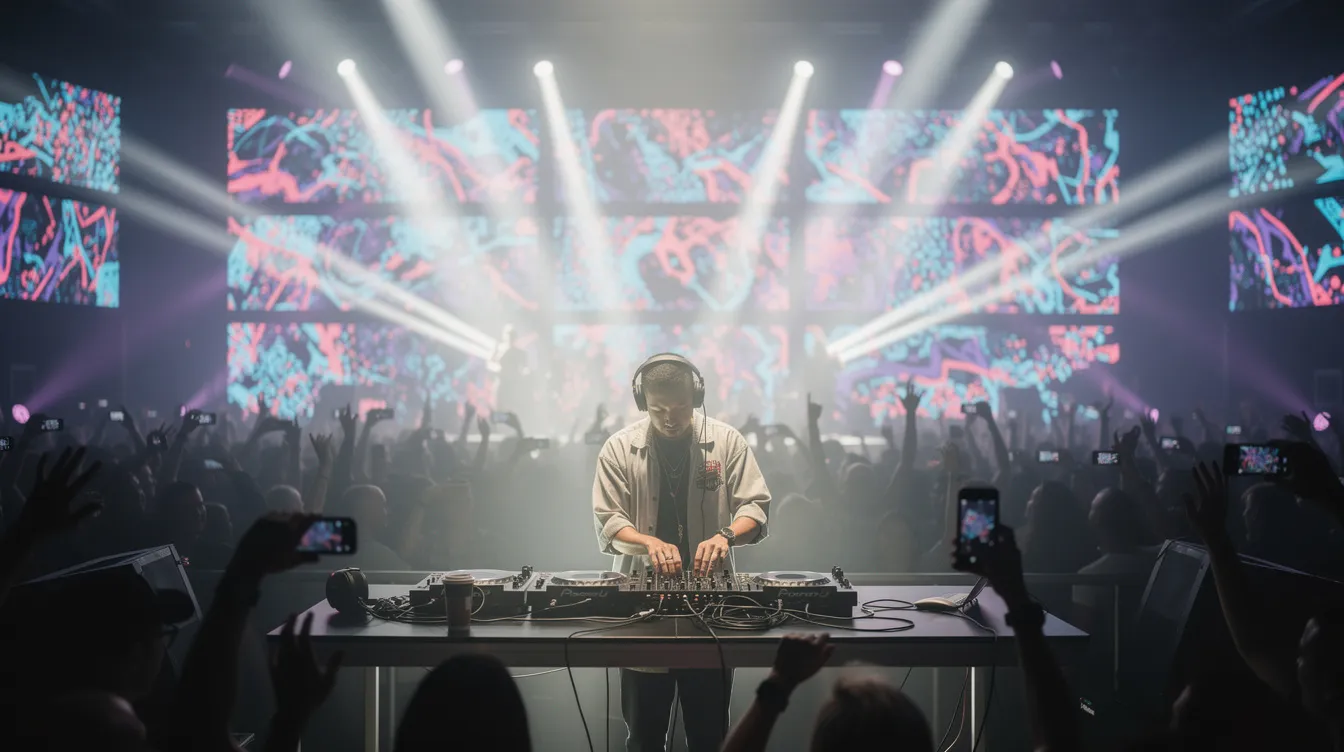 A DJ performs energetically on stage, surrounded by vibrant LED wall panels and dynamic concert lighting beams, while a packed venue of enthusiastic fans enjoys the live music event. This scene highlights the event production's focus on audio visual technology and the seamless collaboration of professionals in the industry.