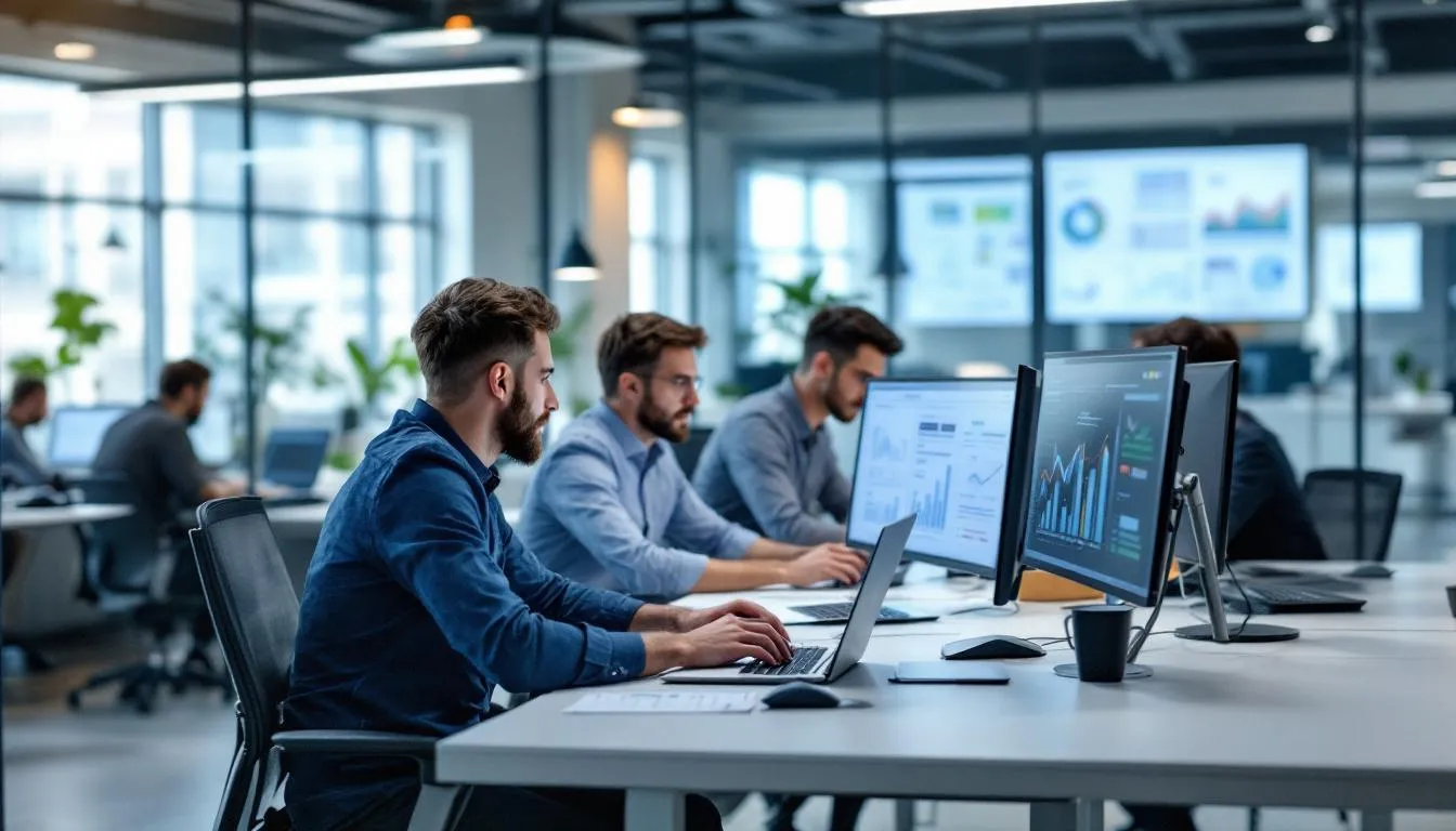 A professional team of digital marketing specialists is seen collaborating in a modern office, focused on analyzing campaign data on their laptops. They are engaged in discussions about effective marketing strategies and digital marketing services to drive business growth and achieve their clients' business objectives.