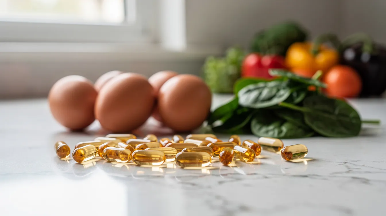 The image features a close-up of colorful supplement capsules alongside whole foods like fresh eggs and vibrant spinach on a kitchen counter, highlighting a blend of nutrition for energy production and fitness goals. This arrangement emphasizes the importance of combining supplements with whole foods for optimal health and performance.