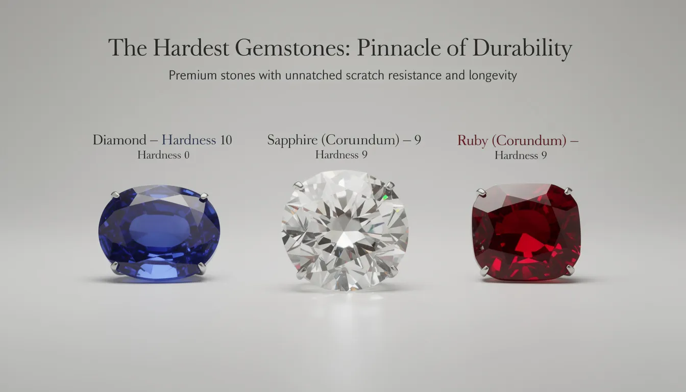 The image showcases a collection of the hardest gemstones, including diamonds, sapphires, and rubies, highlighting their exceptional durability and scratch resistance as measured by the Mohs hardness scale. These premium stones are favored in gemstone jewelry for their longevity and structural integrity, making them ideal for everyday wear and engagement rings.