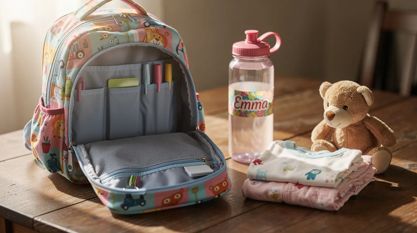 An open child's backpack sits on a table, showcasing a labeled water bottle, a neatly folded change of clothes, and a small stuffed animal, all prepared for the first day of preschool.