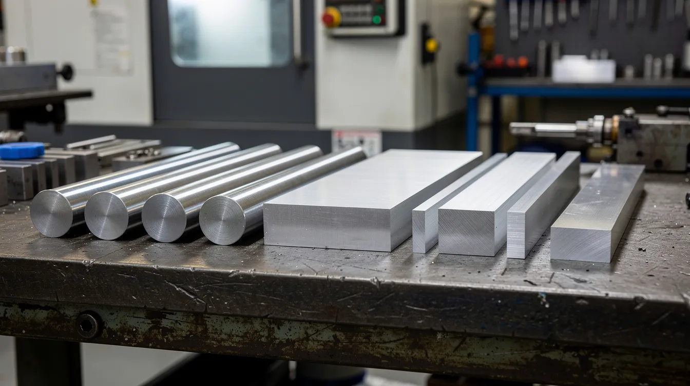 The image displays a variety of aerospace-grade metal billets, including titanium rods and aluminum blocks, meticulously arranged on a machining shop table. These materials are essential for precision manufacturing of aerospace components, adhering to strict quality standards and designed for demanding aerospace applications.