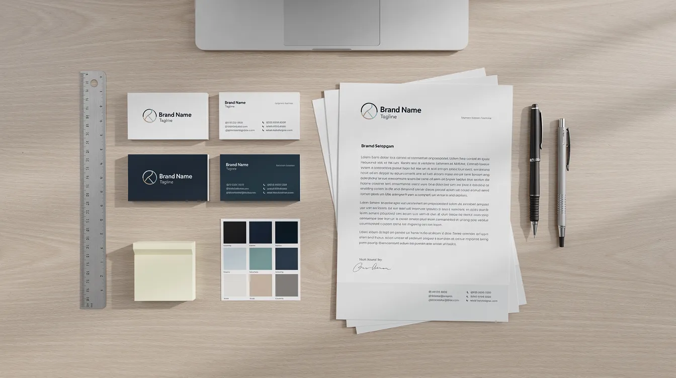 The image depicts a designer's desk showcasing neatly arranged brand identity materials, including business cards, letterheads, and color swatches, reflecting the creative work of a graphic design agency. This setup emphasizes the importance of brand strategy and visual identity in web and graphic design.