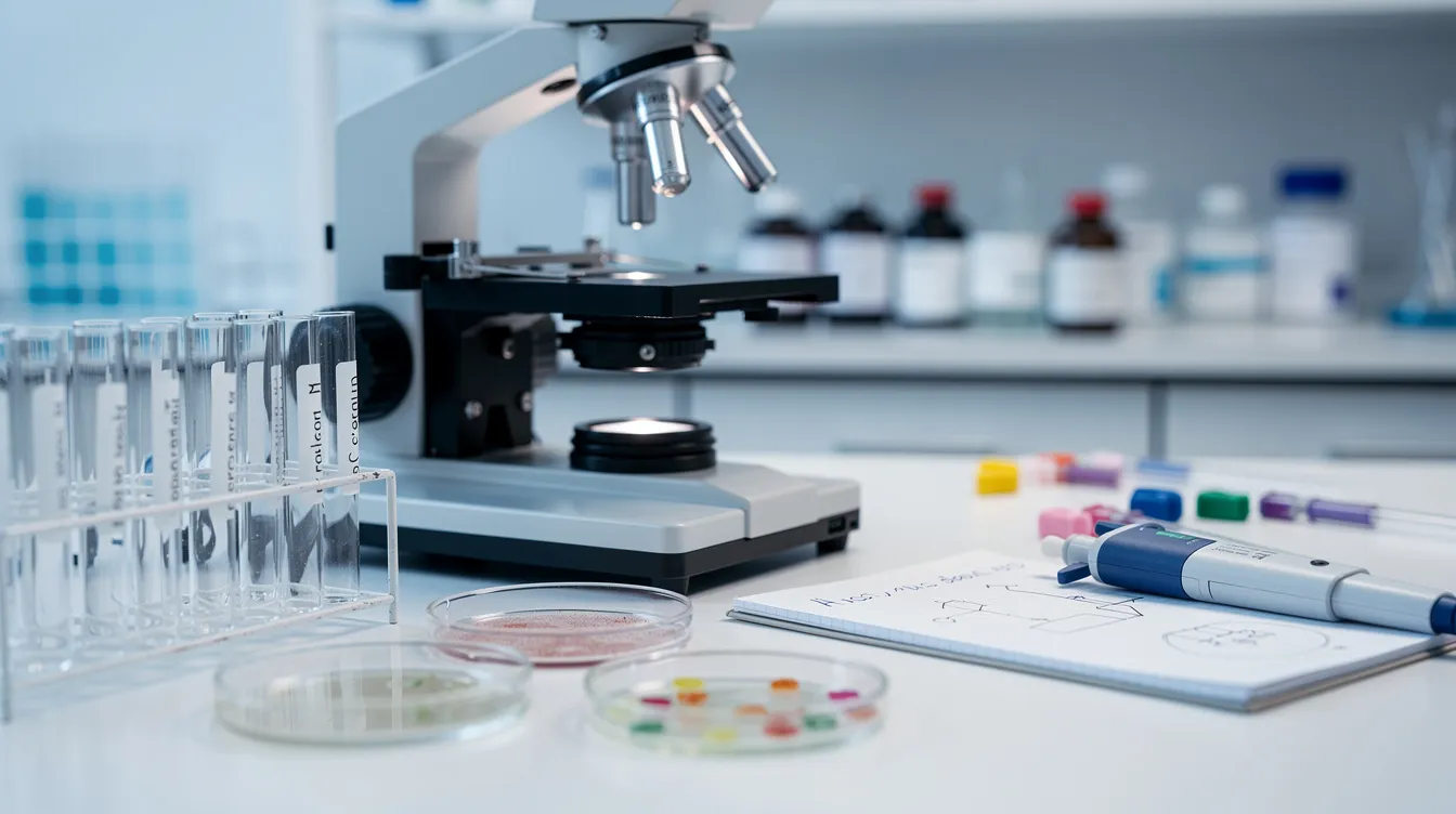 A close-up image features a microscope surrounded by various biology lab materials, highlighting essential tools for students studying basic biology and anatomy physiology. The setup suggests a testing center environment, where students prepare for assessments related to their high school biology course.