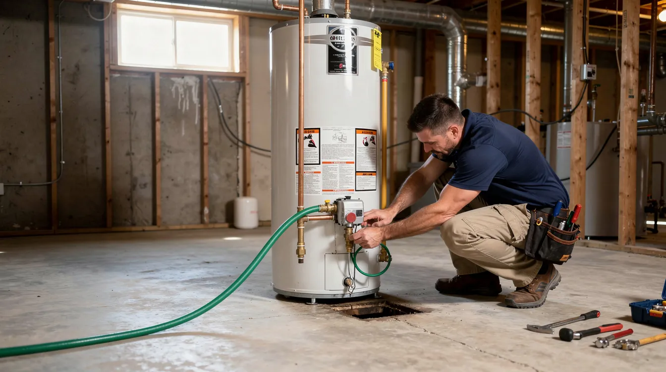 A plumber is seen connecting a garden hose to the drain valve at the base of a residential water heater, preparing to flush it to remove sediment buildup. This regular maintenance helps extend the water heater's lifespan and improve its efficiency.
