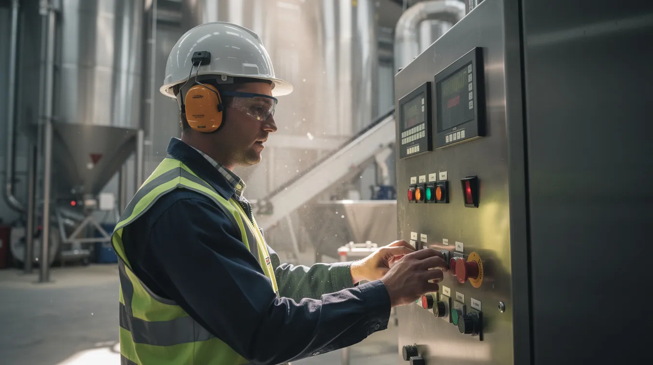 7c4a887f cc98 4e7b a9cd 88bb9f60b5e7 The image shows a worker operating the controls of a commercial flour mill, focused on grinding wheat to achieve consistent flour quality. The facility is equipped with advanced technology for smooth operation and high production capacity, ensuring uniform output and minimal manual intervention.