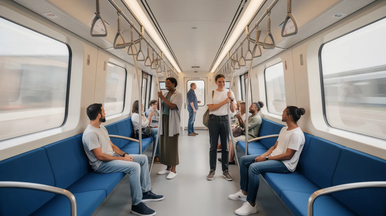 The image depicts the interior of a modern Dubai metro train, featuring wide aisles and blue seating, with overhead handrails for passenger support. Several commuters are standing comfortably, enjoying the air-conditioned environment as they travel along the metro network.