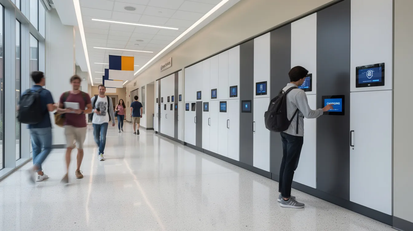 The image shows a row of smart charging lockers installed in a modern university hallway, where students are walking past, indicating a busy and tech-savvy environment. These lockers, equipped with smart locks, provide a convenient solution for users to securely charge their devices while on campus.