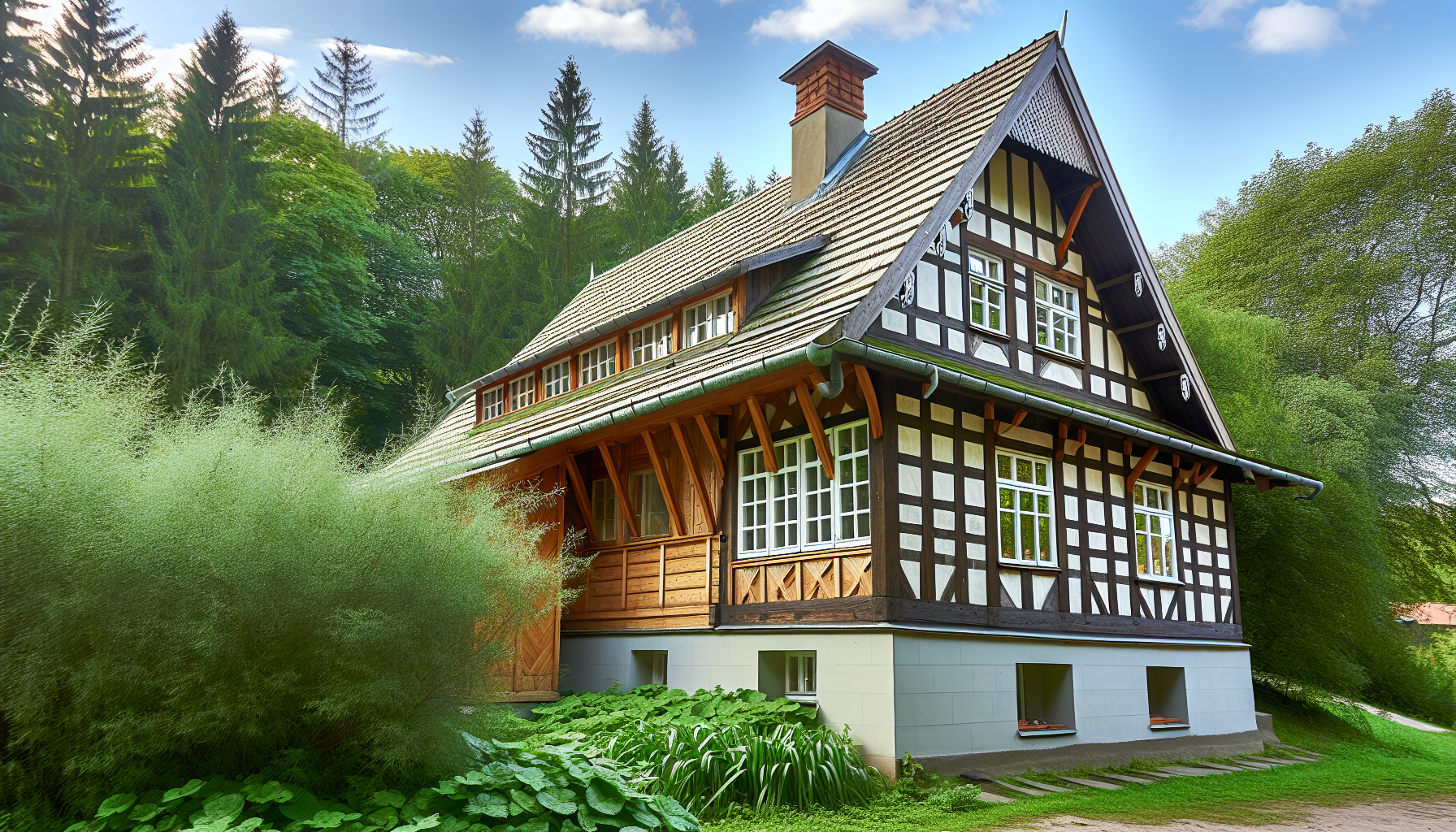 Traditional timber frame house with classic design elements and pitched roof