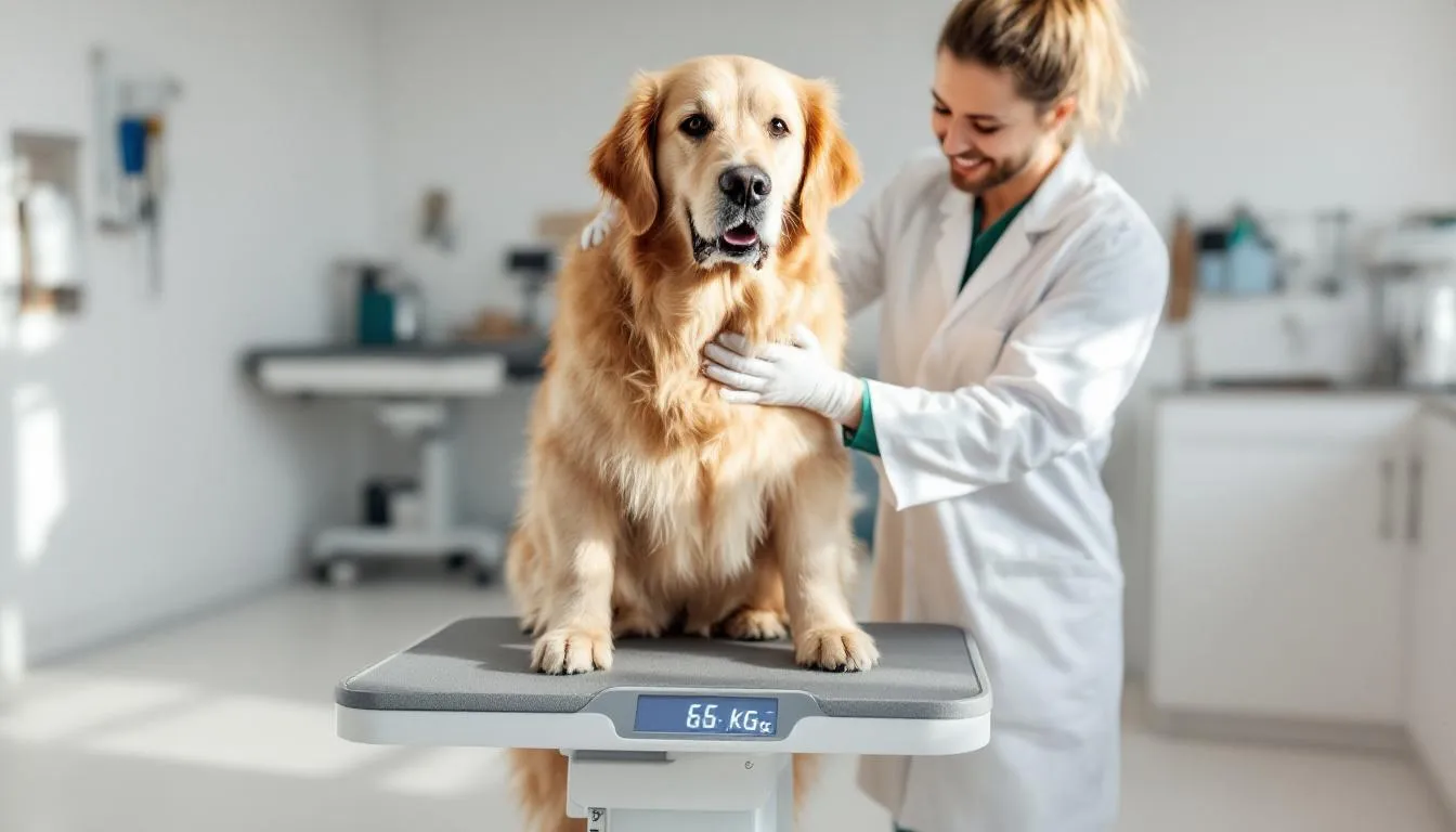A veterinarian is weighing a dog on a professional scale in a clinic setting, focusing on the dog