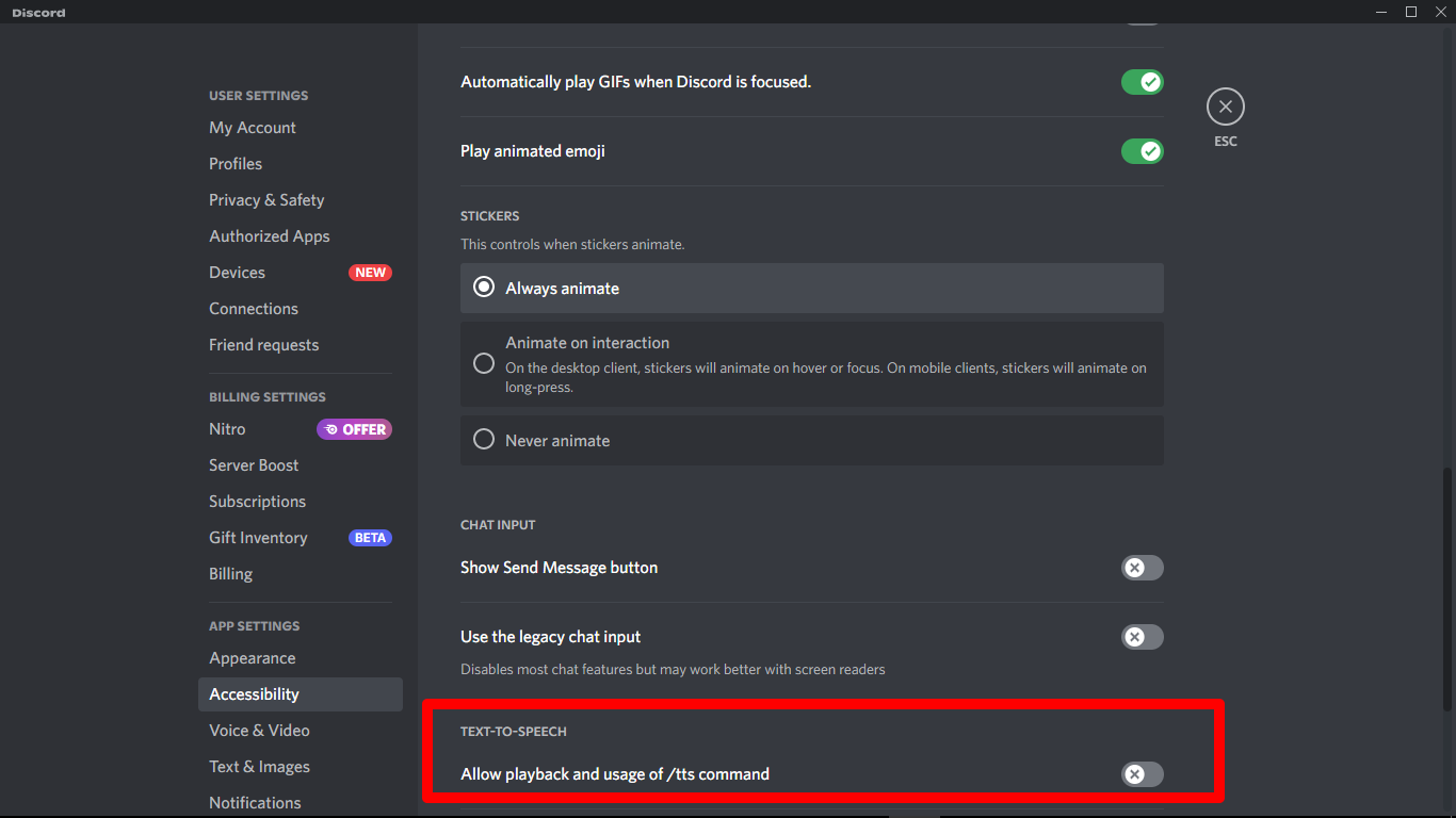 Screenshot showing the location of theText-to-Speech option on Discord