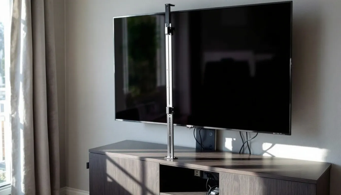 The image depicts a well-organized safety installation setup for a TV unit, showcasing proper cable management and anti-tip restraints to ensure stability. This example highlights how to create a stylish and safe entertainment unit in your living space.