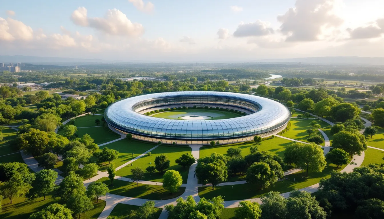 Uma vista aérea do Apple Park, projetado por Norman Foster, revela o edifício circular harmoniosamente integrado com a vegetação ao redor, destacando a relação entre arquitetura e natureza. O design moderno do campus reflete um ambiente sustentável e inovador, situado nos Estados Unidos.