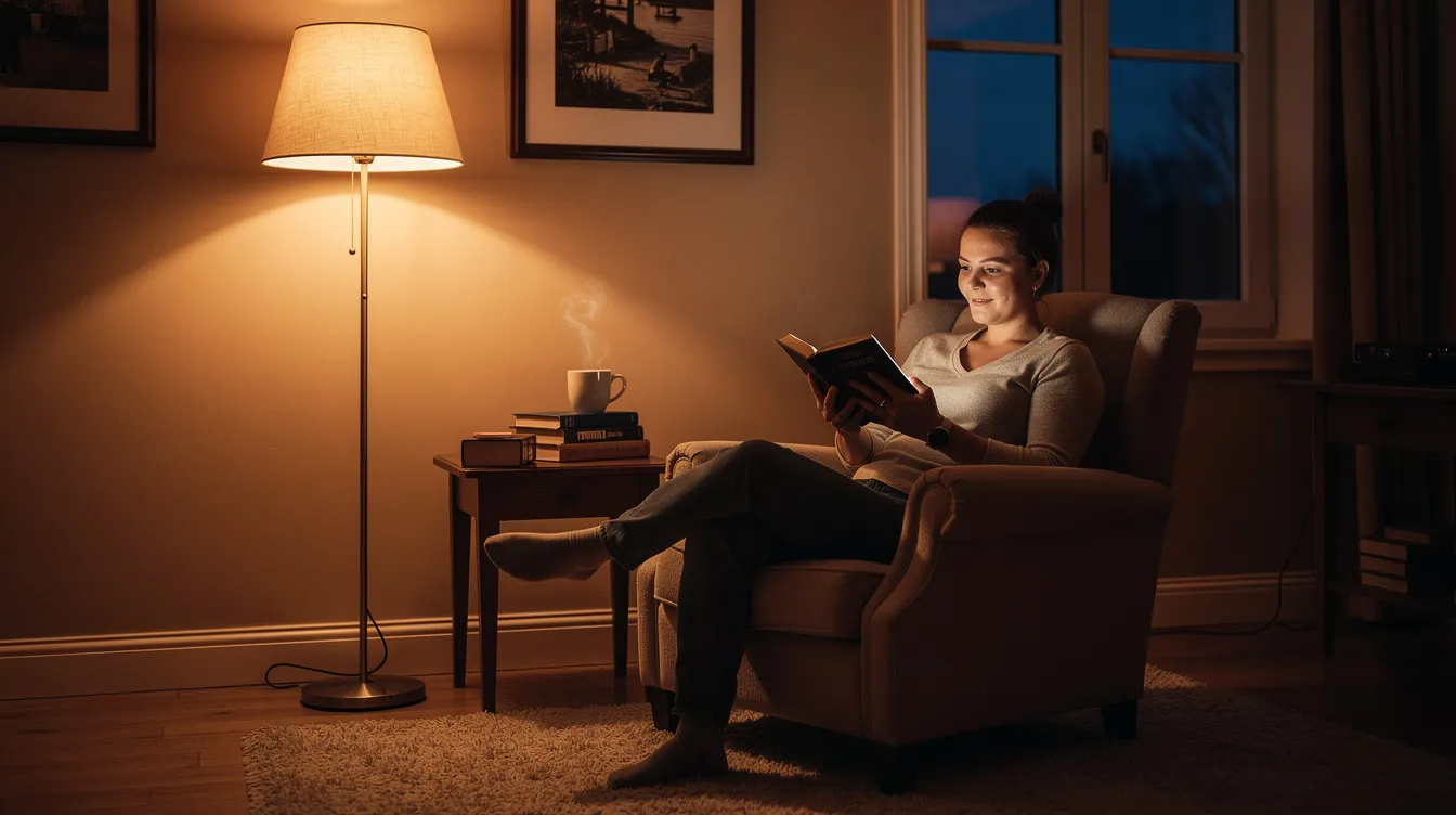 A person is sitting comfortably in a cozy living room, illuminated by the warm light of a lamp, as they read a physical book in the evening. This serene setting promotes better sleep quality and a peaceful bedtime routine, ideal for remote workers seeking to mentally disconnect from their workday.