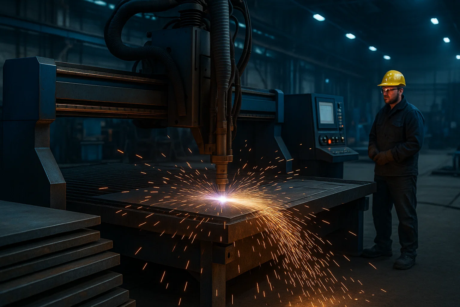 CNC profiling machine cutting thick steel sheet in a precision engineering workshop with operator supervision.