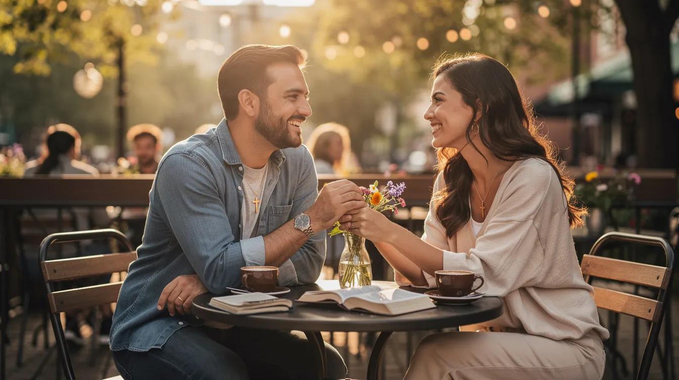 A Christian couple enjoys a romantic date, holding hands and sharing an emotional connection as they engage in deep conversation. Their interaction reflects the early stages of building intimacy, emphasizing emotional closeness and the importance of a healthy relationship grounded in faith.