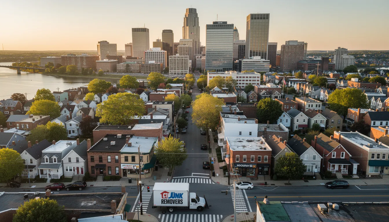 The image showcases the Hartford cityscape, highlighting the diverse neighborhoods where TWO MEN AND A JUNK TRUCK® provides appliance removal services. Various residential areas can be seen, illustrating the community's need for proper disposal and recycling of old appliances such as refrigerators, air conditioners, and washing machines.