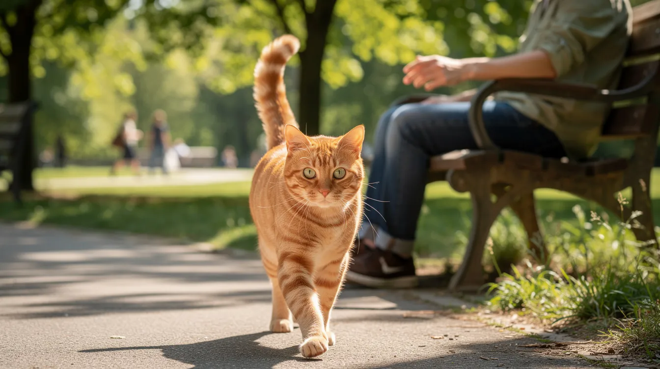 A friendly orange tabby cat is approaching a person sitting on a park bench, showcasing the natural curiosity and positive interactions that often occur between stray cats and humans. The scene highlights the cat's body language, indicating a sense of comfort and trust in this safe haven.