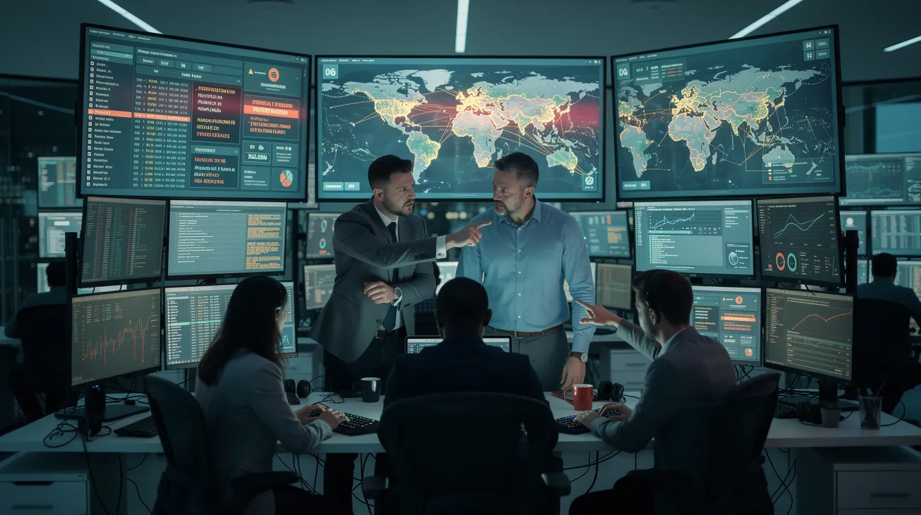 The image depicts a group of cybersecurity analysts collaborating in front of multiple monitor screens that display real-time threat data, showcasing their efforts in threat detection and analysis. This scene highlights the critical role of security teams in managing cyber threats and utilizing AI-powered tools to enhance their security operations.