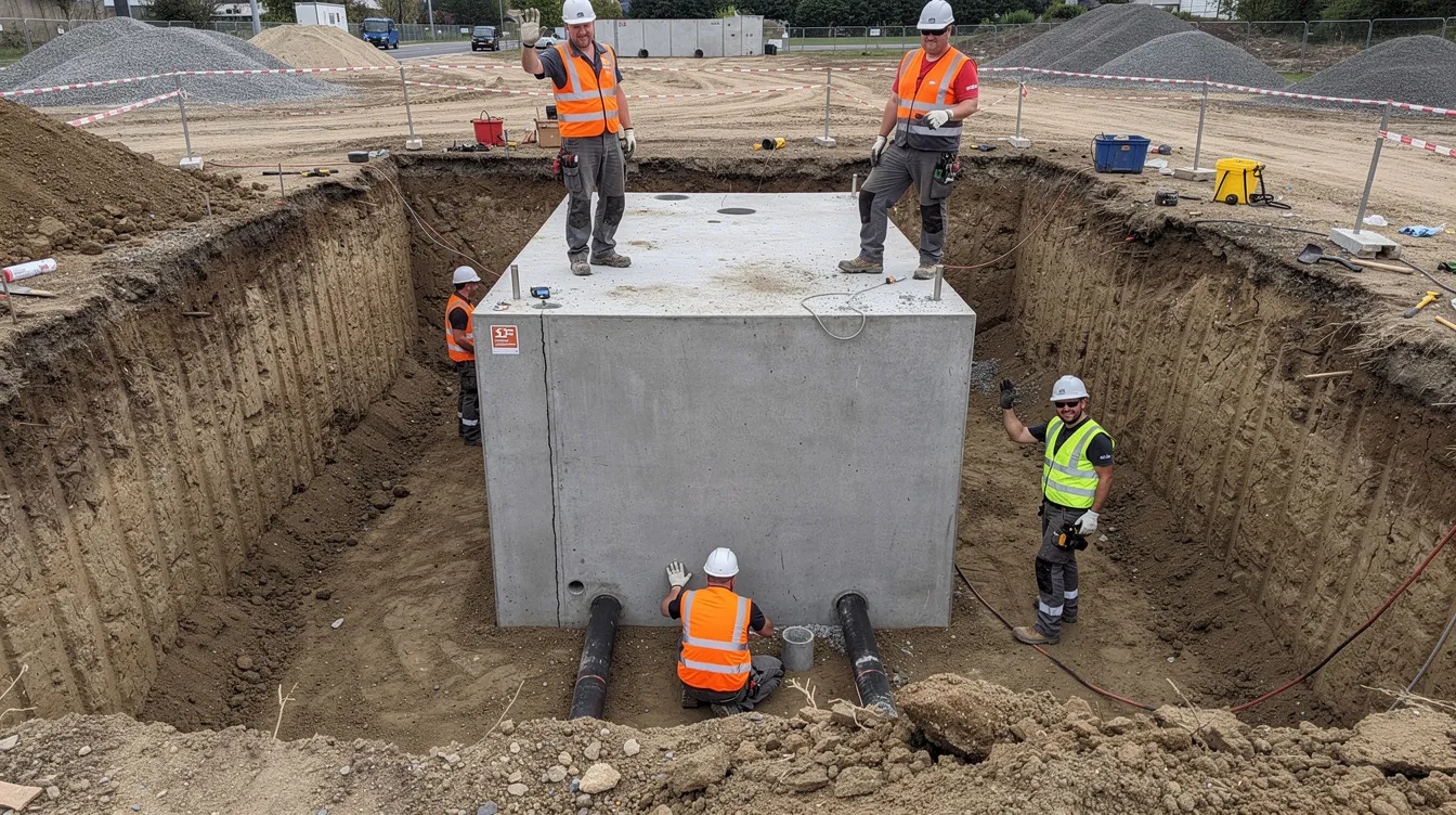 L'image montre une cuve en béton grise, typiquement utilisée pour une fosse toutes eaux, installée dans une fouille de terre, entourée d'ouvriers en train de travailler. Cette scène illustre le processus d'installation d'un système d'assainissement non collectif.