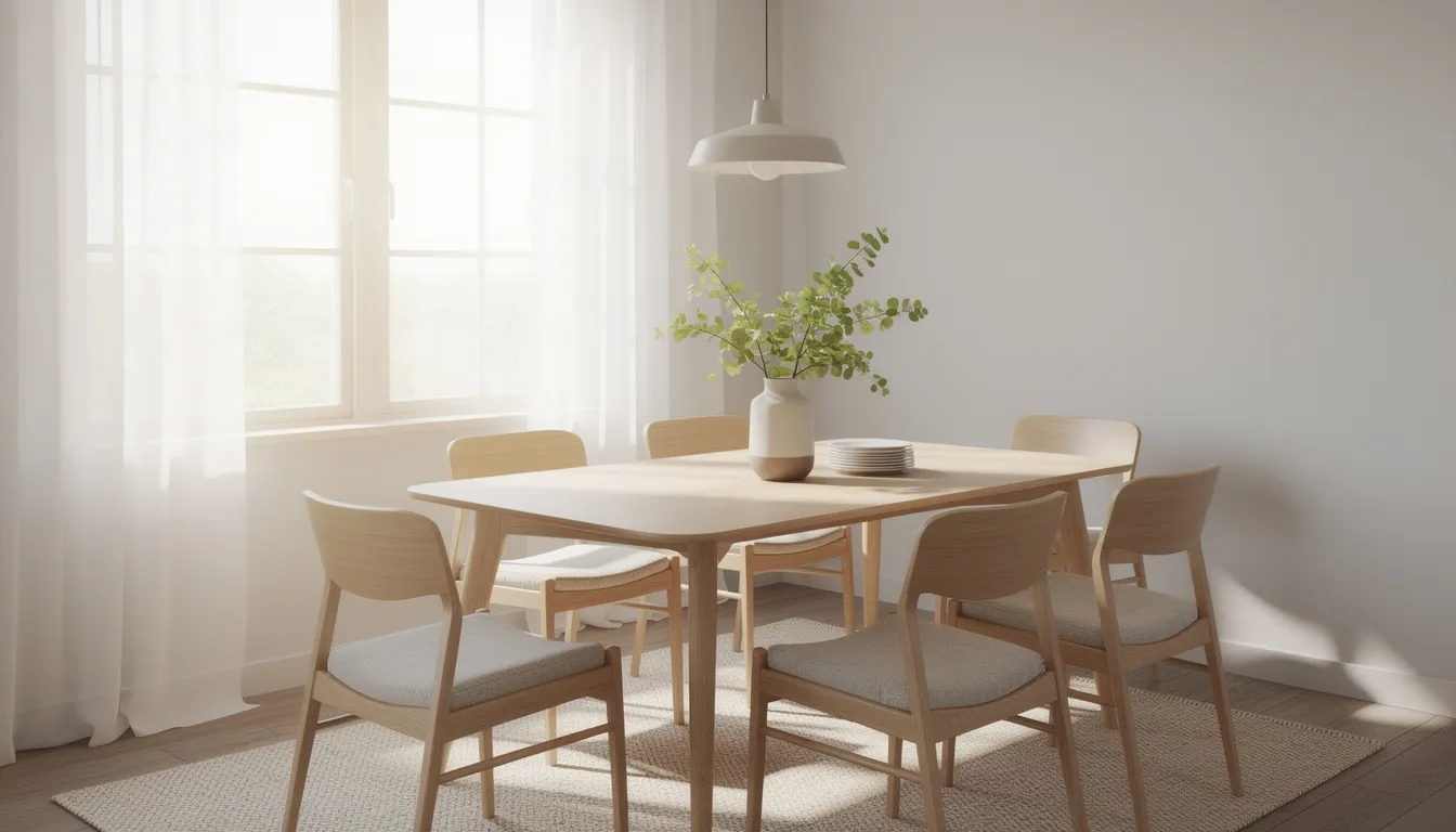 Een lichte eethoek met een robuuste houten tafel en vier comfortabele stoelen, perfect voor een intieme sfeer. Het daglicht valt mooi op de eettafel, waardoor de landelijke stijl van de ruimte tot leven komt.