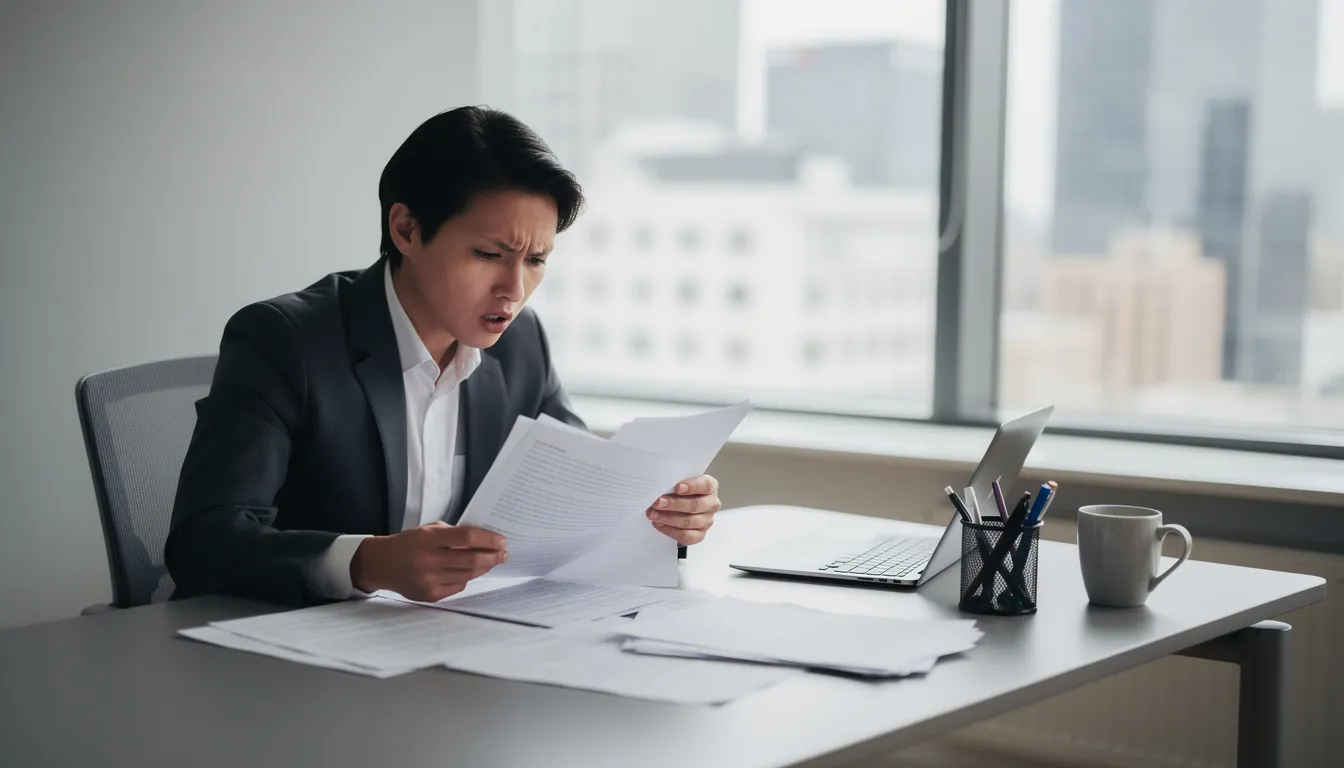 A concerned individual in business attire is seated at a desk, meticulously reviewing important documents that may relate to their qualifications and employment. The atmosphere suggests a focus on due diligence, possibly involving the verification of academic achievements or certificates.
