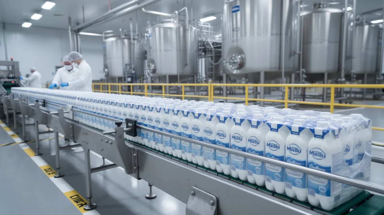 An industrial conveyor belt is transporting neatly packaged cartons of UHT milk through a modern dairy processing plant. The scene showcases the efficiency of the UHT milk production line, emphasizing the aseptic packaging and the long shelf life of the dairy products being processed.