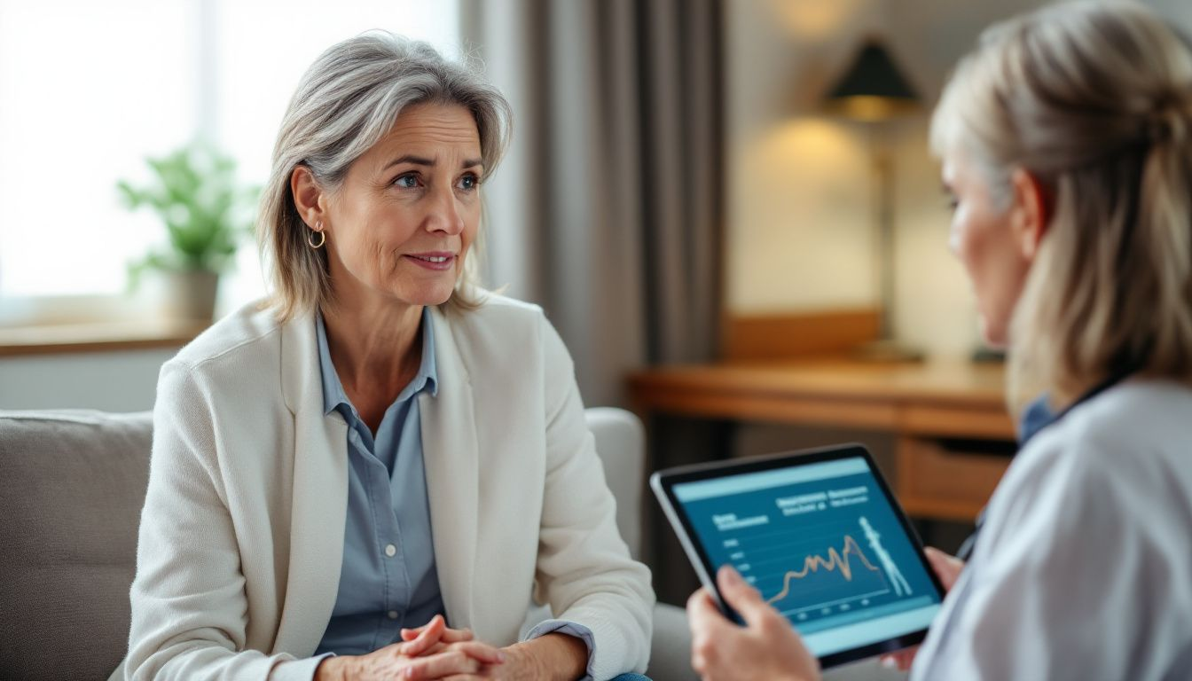 A consultation scene between a doctor and a patient discussing hormone replacement therapy risks.