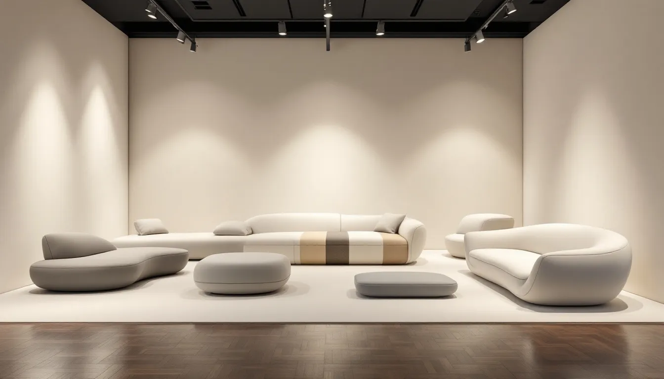A furniture showroom with various 3 seater sofas on display.