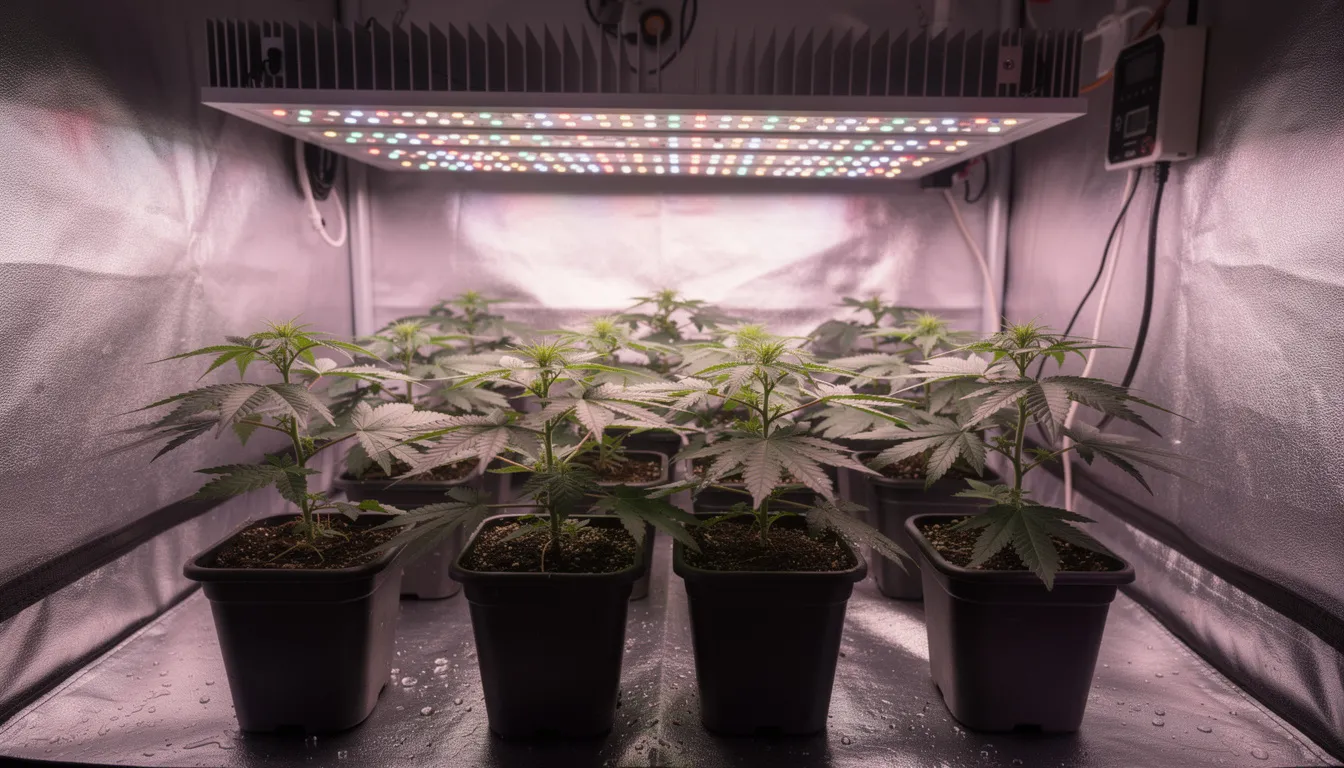 Das Bild zeigt ein Indoor-Growsetup mit moderner LED-Beleuchtung, in dem junge Hanfpflanzen in Töpfen stehen. Die Pflanzen befinden sich in der Keimphase und sind bereit für den Anbau von hochwertigen Cannabissorten.