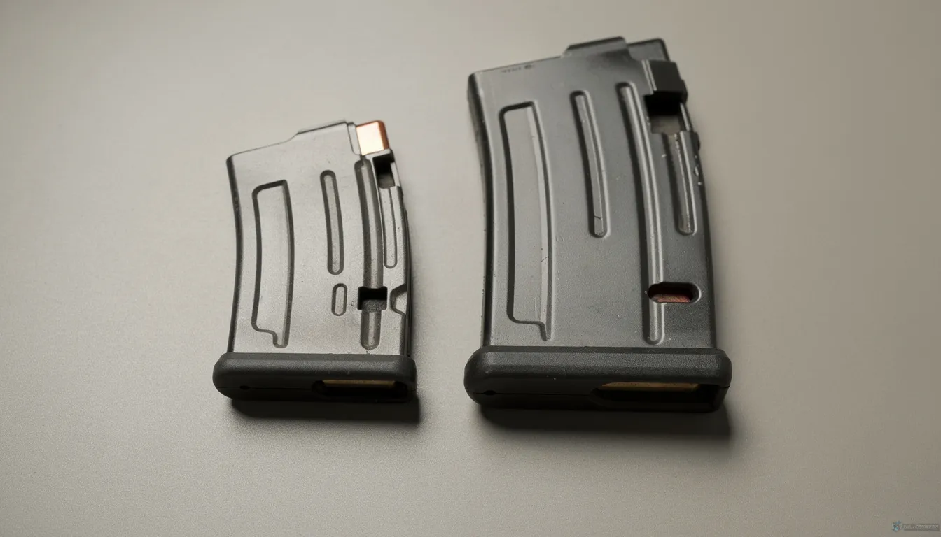 A close-up photograph displays two rifle magazines side by side, highlighting the size difference between a smaller caliber and a larger caliber version. The image showcases the magazines' metal feed lips and durable construction, illustrating the essential components for reliable performance in shooting scenarios.