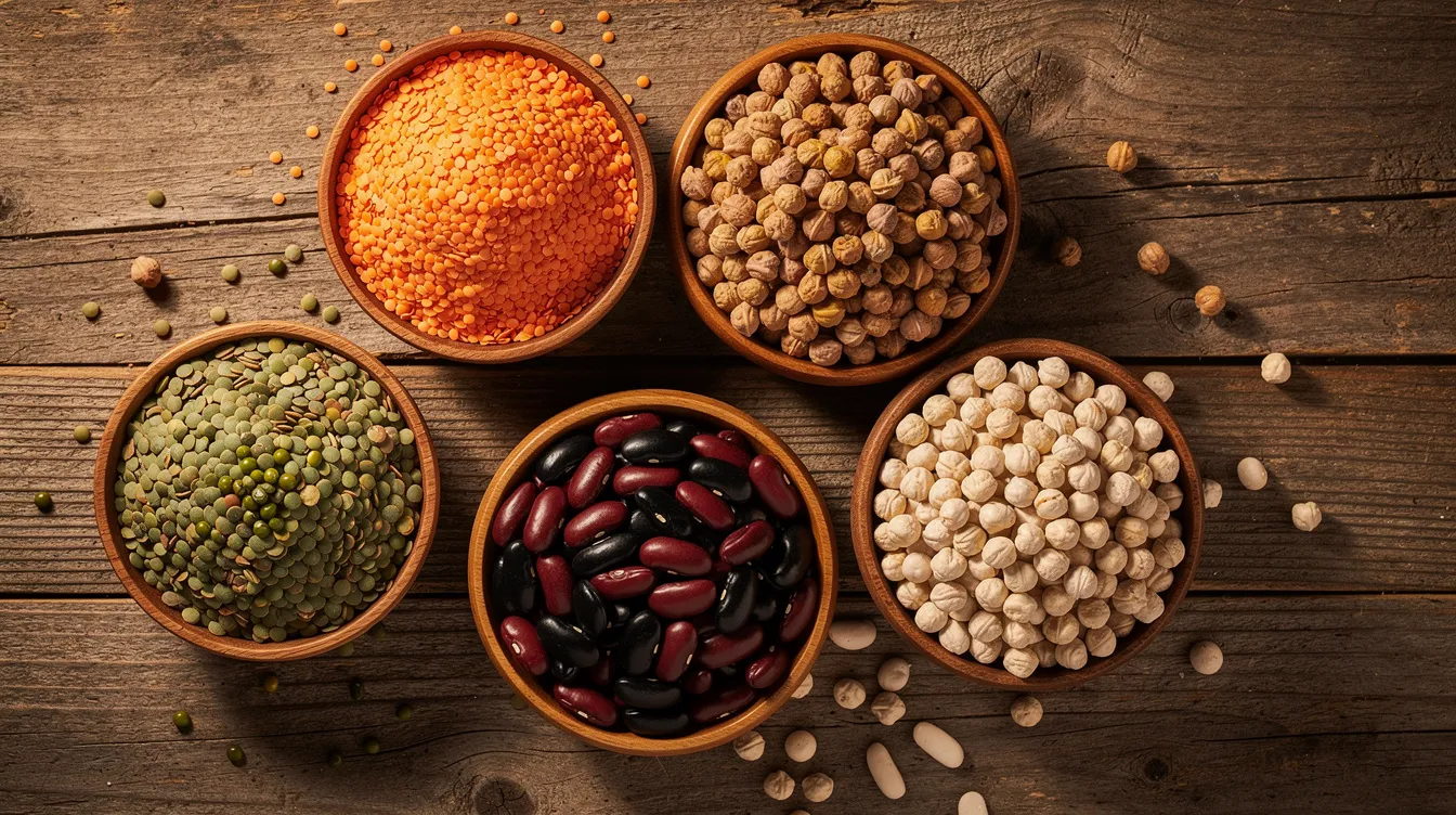 7c6112f3 50cd 48e3 9346 a7fce00a9ce1 An overhead view showcases an assortment of raw pulses, including pigeon peas, moong, and urad, arranged in separate wooden bowls on a rustic surface, highlighting their vibrant colors and textures. This image reflects the raw materials essential for the dal milling industry, emphasizing the importance of quality in the pulses processing and milling process.