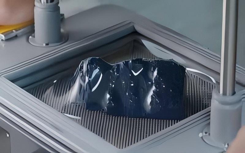 vacuum forming machine shaping a heated plastic sheet over a mold