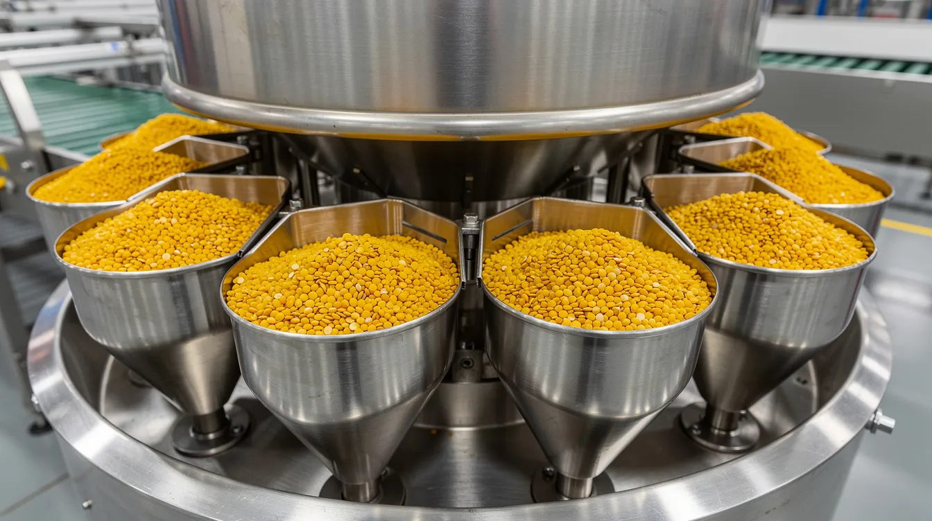 7c626206 97c4 4ac2 bbb2 a849853b4280 A close-up view showcases stainless steel multihead weigher buckets filled with vibrant yellow toor dal on an industrial packing line, highlighting the precision and efficiency of the automatic pouch packing machine used for pulses packaging. The image emphasizes the advanced technology employed in the packing process, ensuring accurate and high-speed packaging for this essential food product.