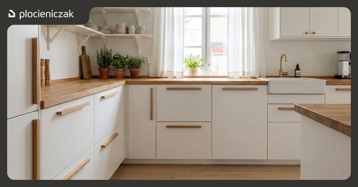 Drewniane uchwyty do białych mebli w kuchni w stylu skandynawskim.