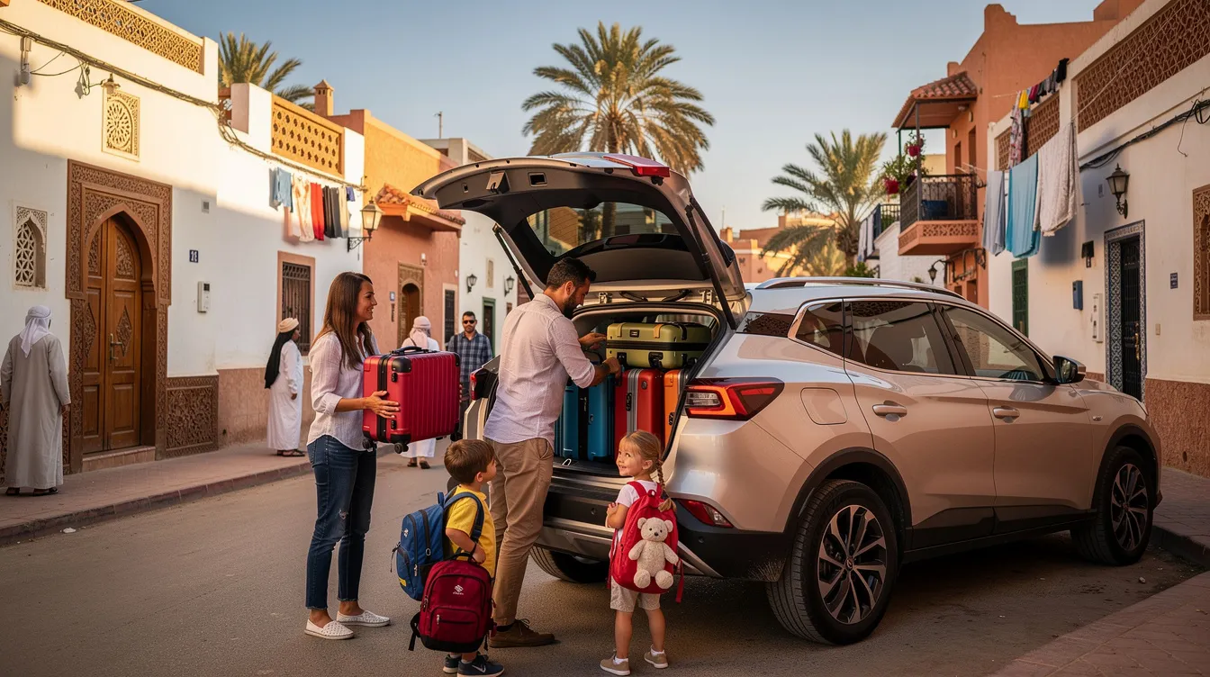 Family loading suitcases into a car boot in a sunny Moroccan village.