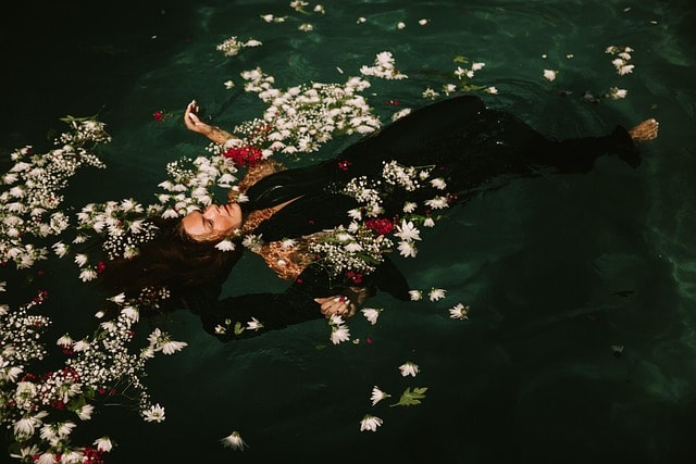 floating, flowers, beautiful flowers, woman, float, afloat, dress, fashion, style, fashion model, model, young woman, portrait, nature, petals, swimming, flower background, swimming pool, flower wallpaper, water