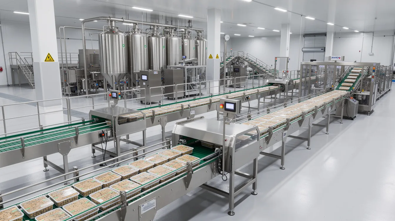 The image depicts an industrial food processing production line featuring conveyor belts and stainless steel equipment, all set within a clean factory environment. This efficient pulses processing plant is designed for high production capacity utilization and meets the rising consumer demand for nutritious food products.