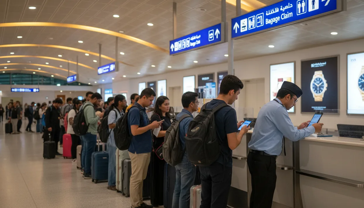 Gatekeepers checking exit proof with dummy ticket for UAE travel