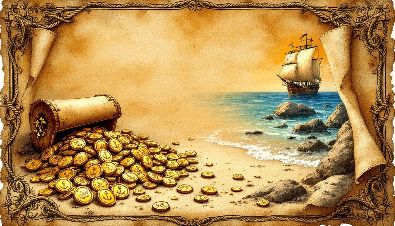 A beautifully displayed collection of pirate gold coins.