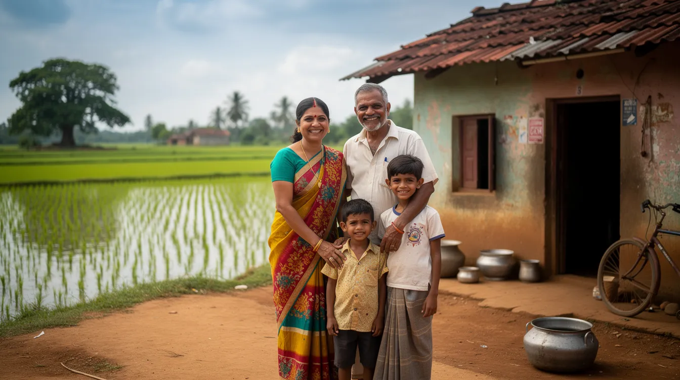 A rural Indian family stands together outside their home, smiling joyfully with lush green paddy fields stretching out behind them. This image captures the warmth of family life in India, highlighting the simplicity and beauty of rural living.