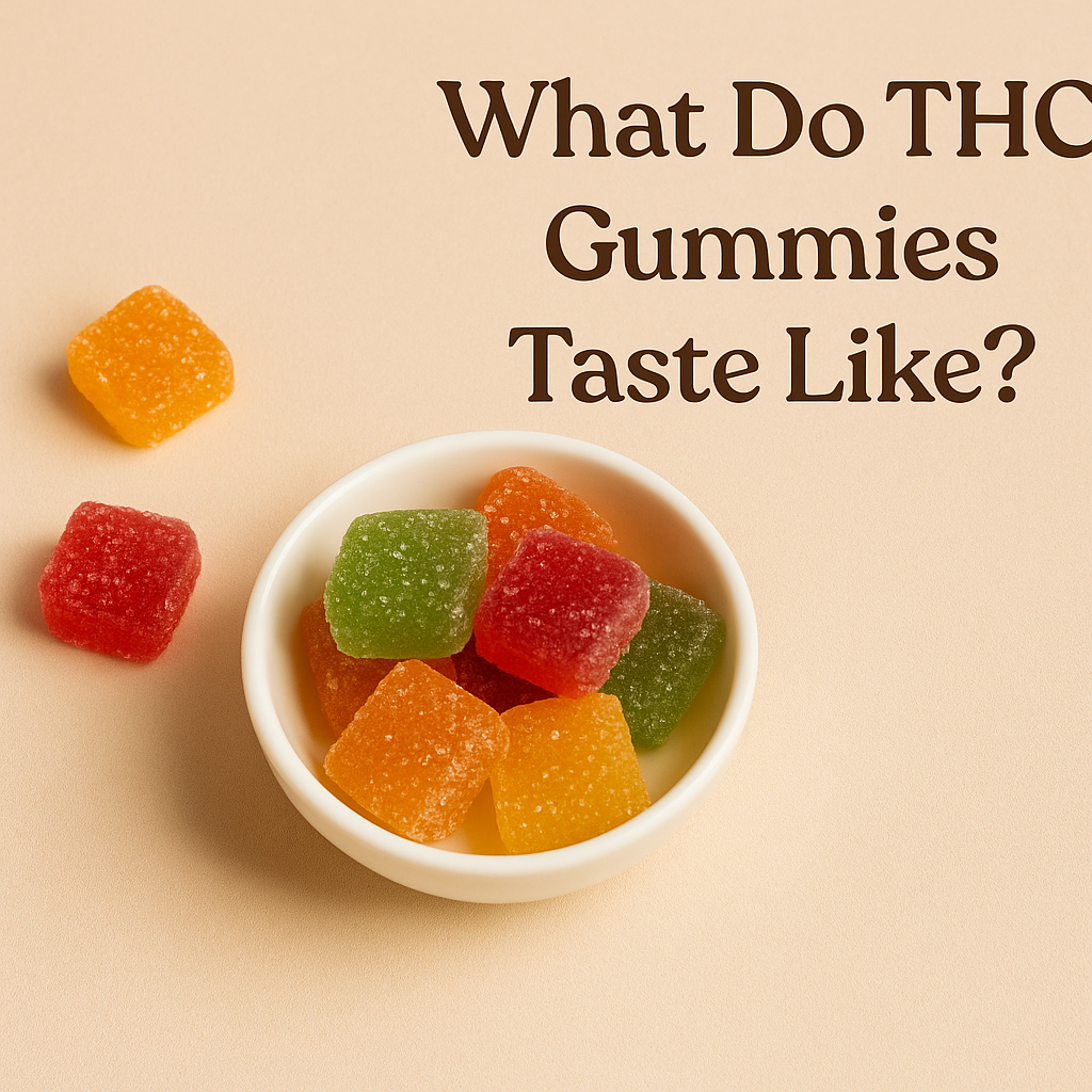 A white ceramic bowl filled with colorful sugar-coated THC gummies (red, orange, green, yellow) placed on a beige surface, with the text “What Do THC Gummies Taste Like?” in bold serif font to the right.