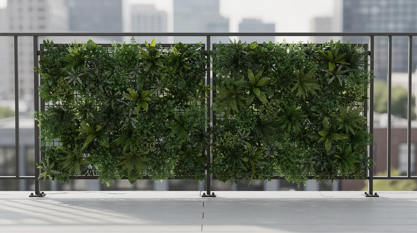 The image depicts a modern balcony privacy screen constructed from interlocking faux greenery panels, mounted on a slim frame, creating an attractive artificial green wall that enhances outdoor spaces with minimal maintenance. This stylish addition provides a refreshing touch of greenery, ideal for small apartment balconies seeking to add privacy and beauty.